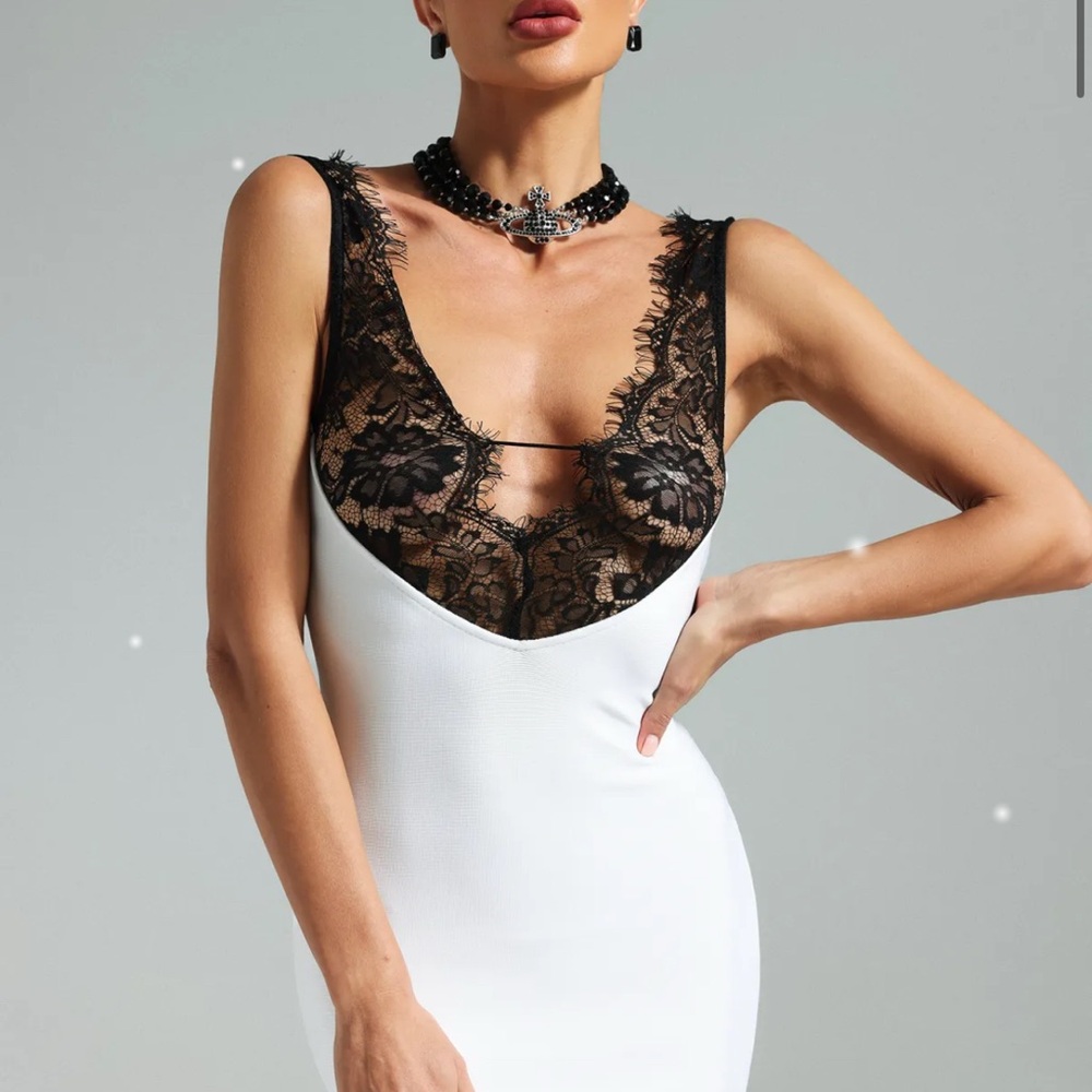 White Maxi Dress with Black Lace Detail - Picture 3 of 7